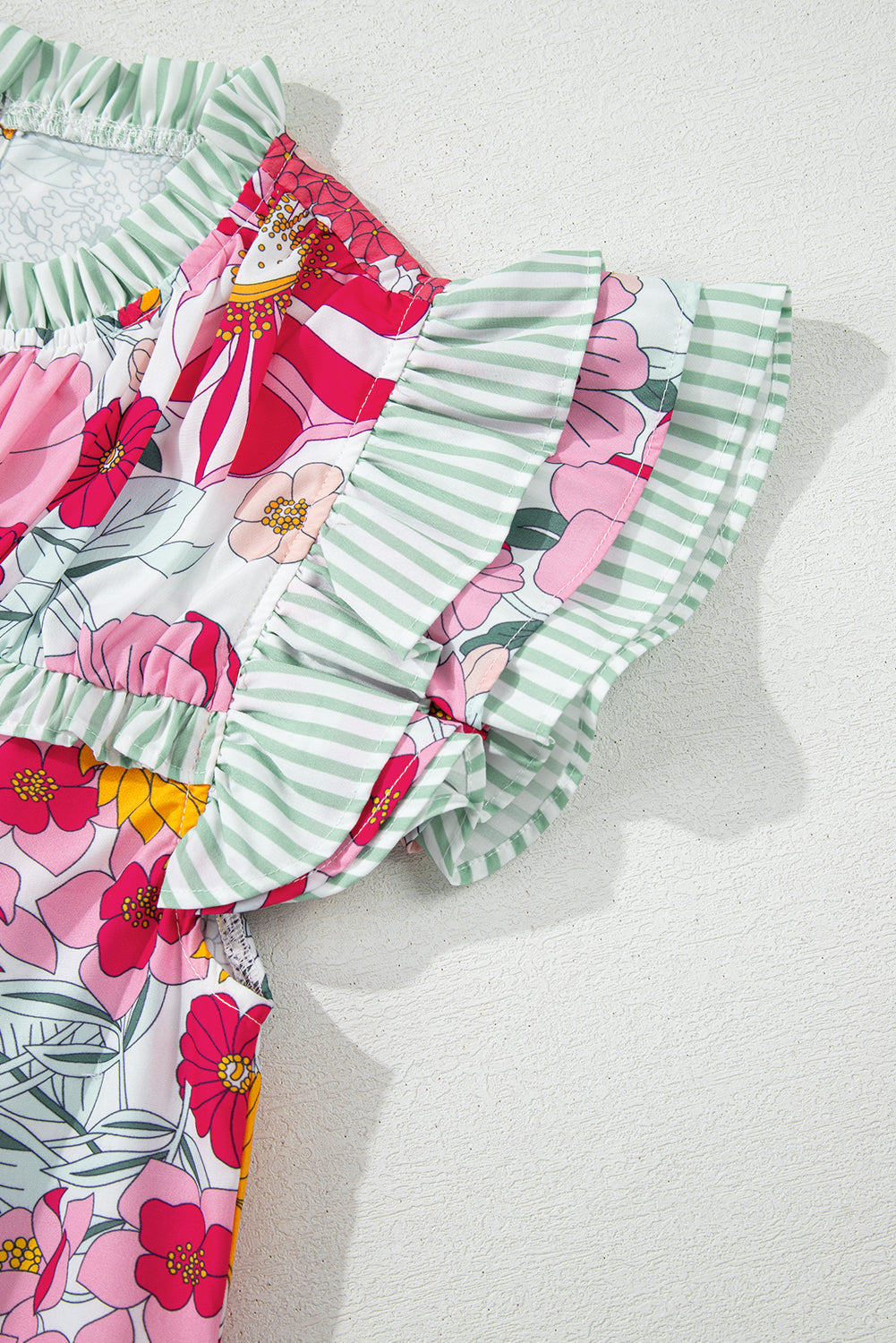 Pink Floral Print Contrast Ruffle Trim Short Sleeve Blouse eAura