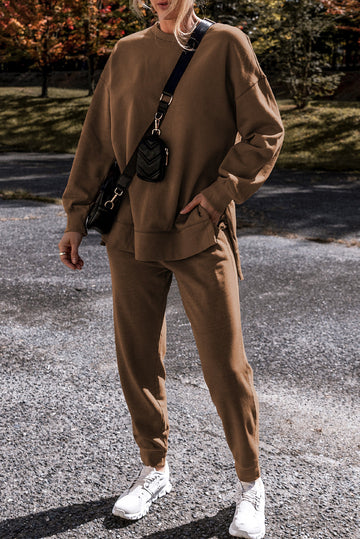 Coffee Solid Color High Low Pullover and Skinny Pants Set BB Fashion Outlet