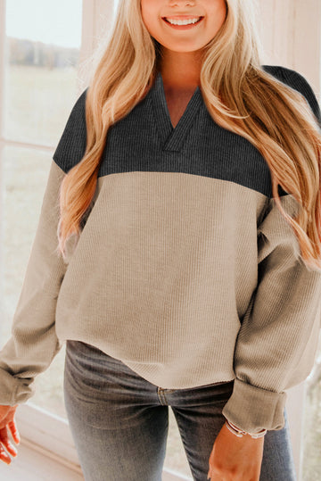 Carbon Grey Notched Neck Colourblock Ribbed Sweatshirt eAura