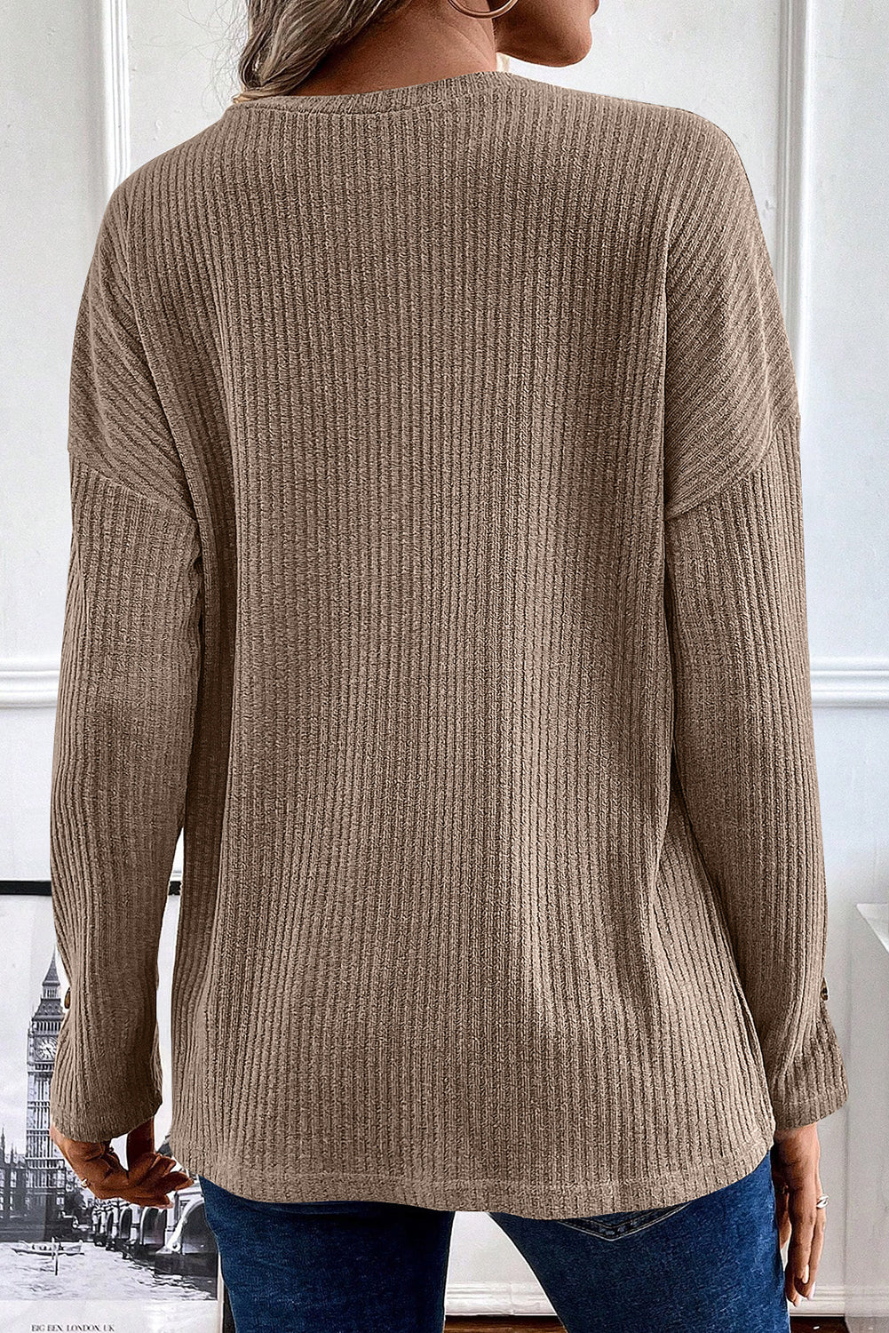 Pale Khaki Rib Textured Henley Knit Top eAura