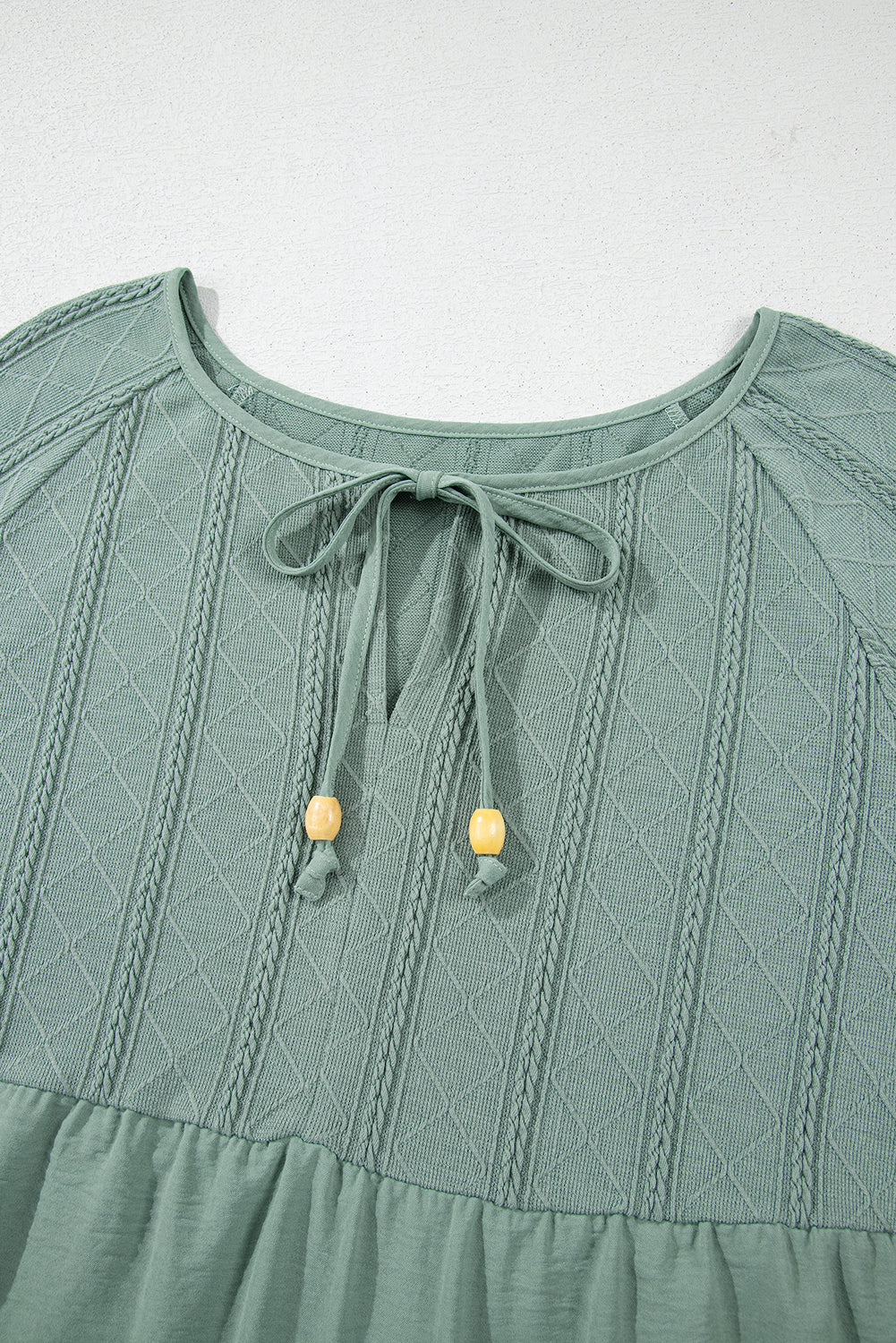 Laurel Green Tie Split Neck Textured Ruffle Patchwork Blouse eAura