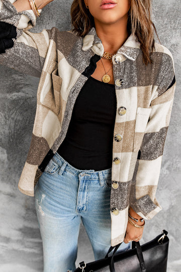 Khaki Plaid Colour Block Buttoned Long Sleeve Jacket with Pocket Beagle Boutique Fashion Outlet