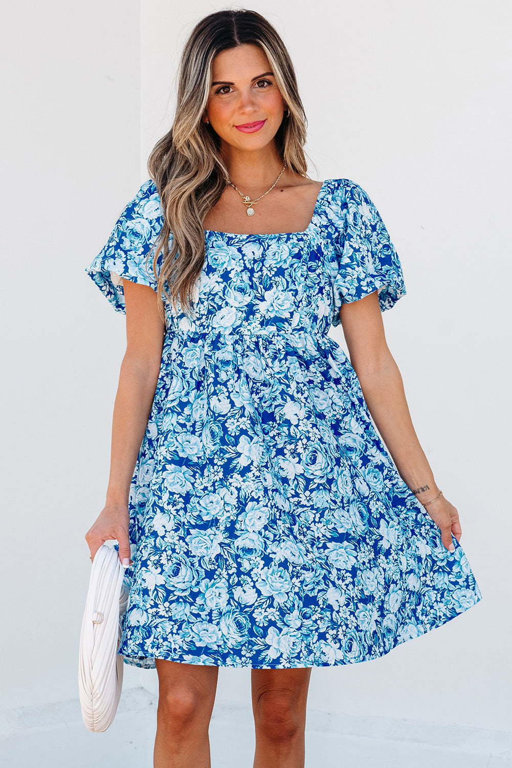 Blue Floral Puff Sleeve Babydoll Mini Dress eAura