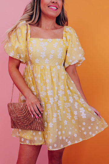 Yellow Boho Flower Jacquard Puff Sleeve Square Neck Mini Dress eAura