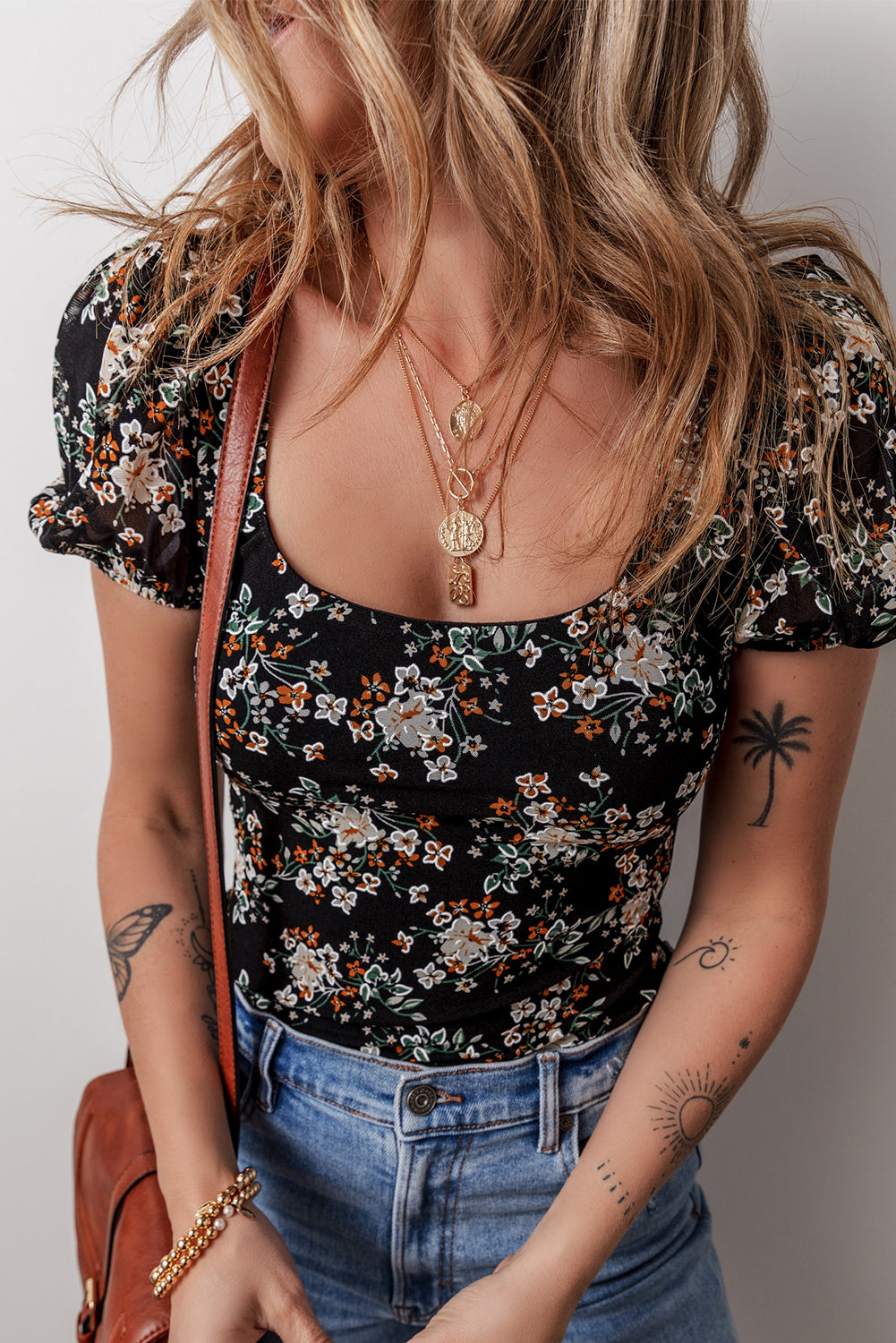 Black Floral Print U Neck Short Puff Sleeve Bodysuit eAura