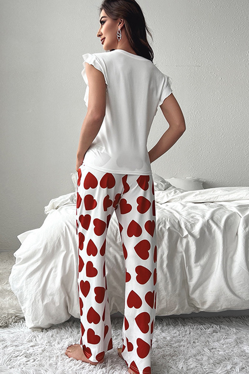 Pink Ruffled Tank Top And Heart Print Trousers Pyjamas eAura