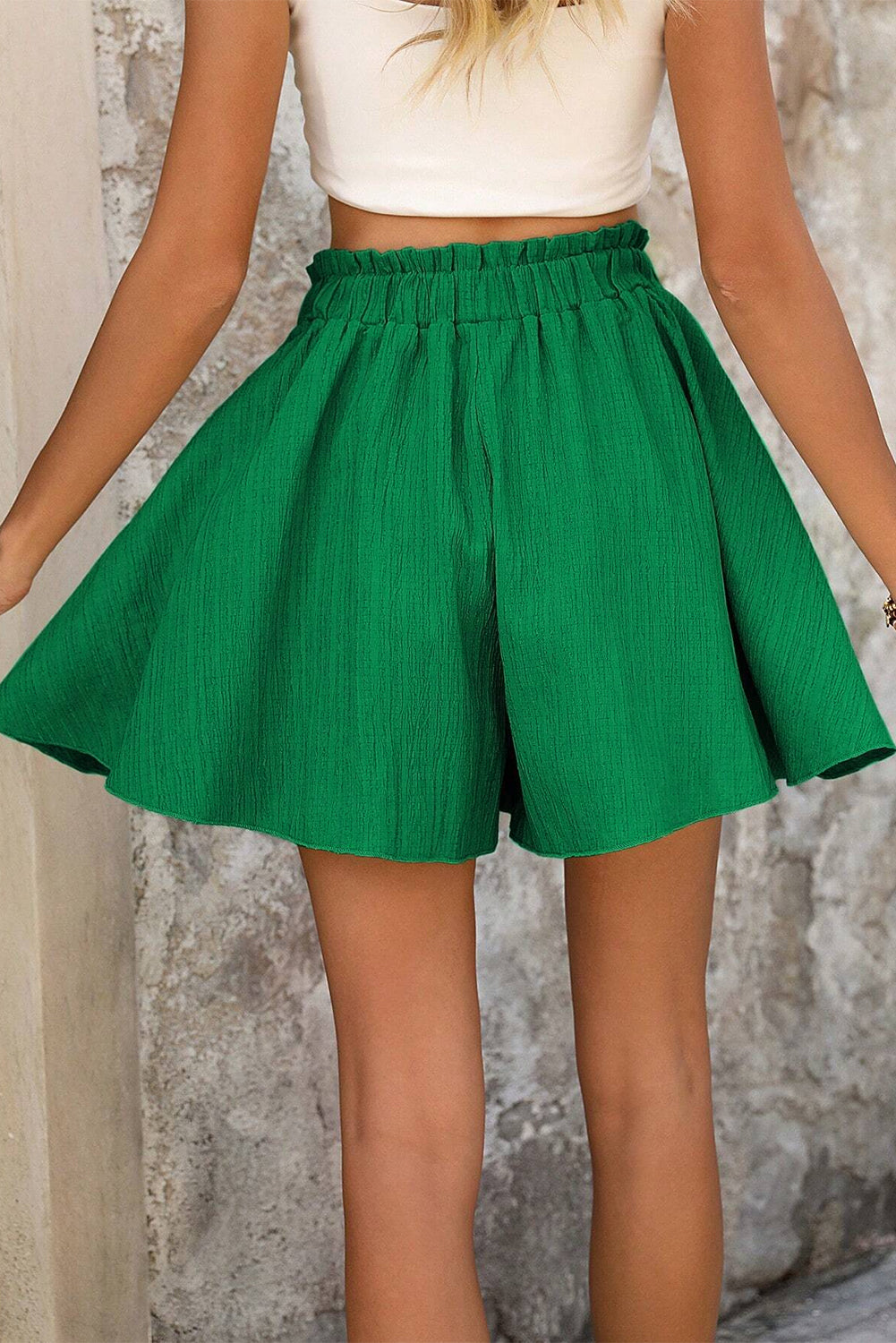 Dark Green Textured Frilled Lace-up High Waist Ruffle Wide Leg Shorts eAura