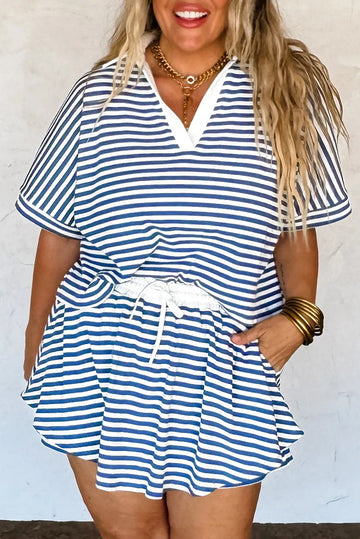 Blue Stripe Short Sleeve Collared V Neck Top Plus Size Short Set BB Fashion Outlet