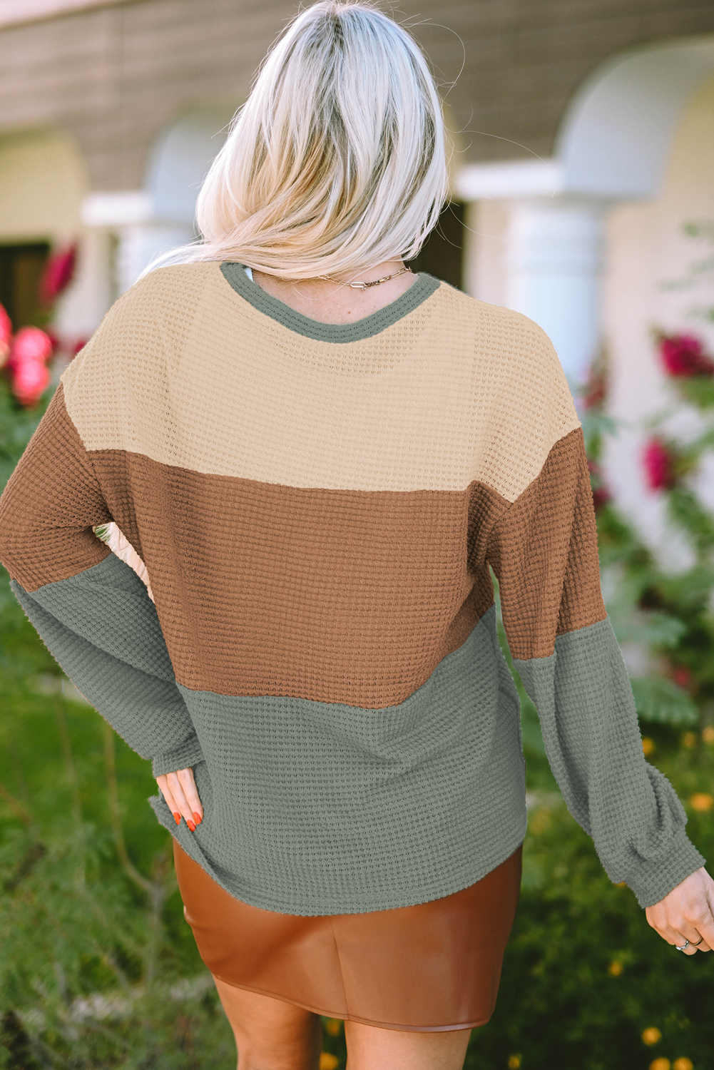 Green Stripe Textured Colour Block Bubble Sleeve Baggy Top eAura