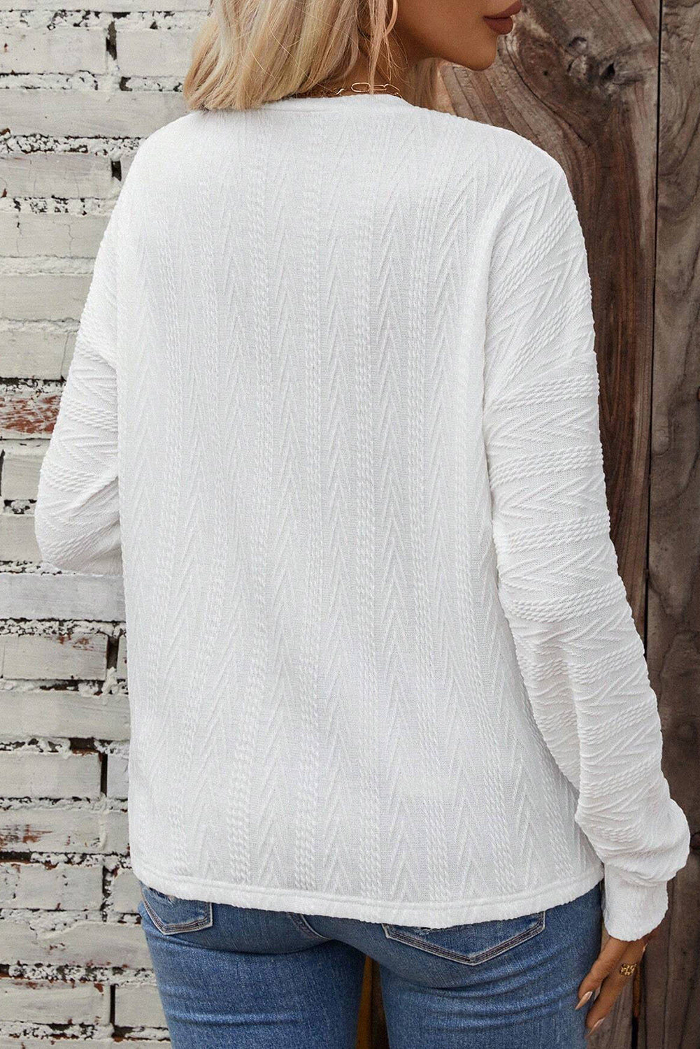 White Round Neck Drop Shoulder Textured Knit Top eAura