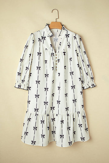 Apricot Bow Printed Puff Sleeve Ruffled Plus Size Mini Dress BB Fashion Outlet