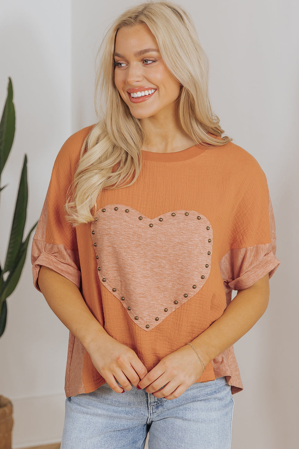 Desert Gold Stud Heart Patch Textured Front Dolman Top eAura