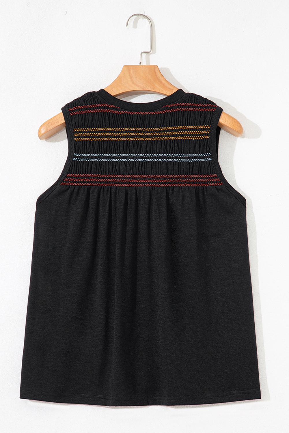 Black Shirred Yoke Notched V-Neck Tank Top eAura
