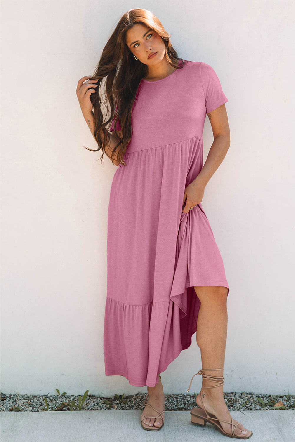 Pink Solid Colour T-shirt High Waist Pocketed Long Dress eAura