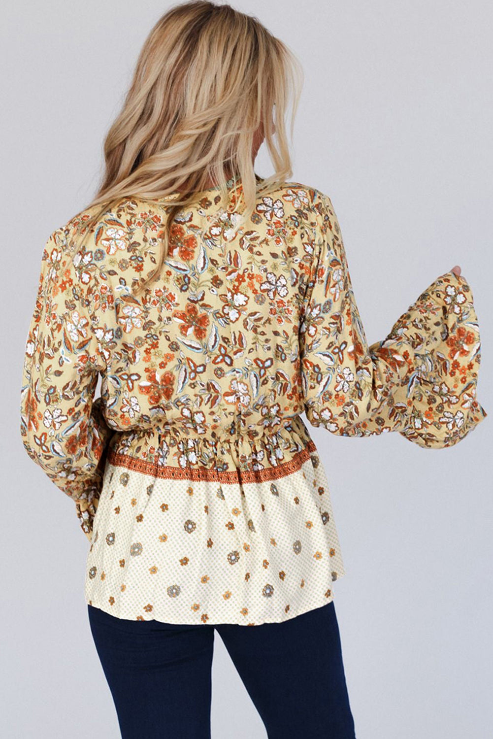 Yellow Printed Floral Bell Sleeve V Neck Wrapped Contrast Peplum Blouse eAura