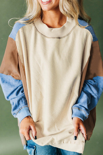 Sky Blue Ribbed Detail Colour Block Sleeve Baggy Sweatshirt eAura