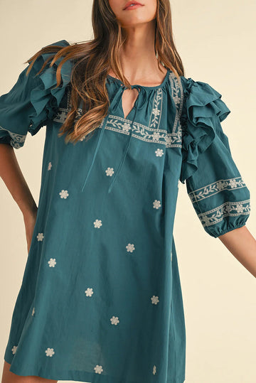 Skobeloff Boho Floral Ruffle Puff Sleeve Lace-up V Neck Mini Dress eAura