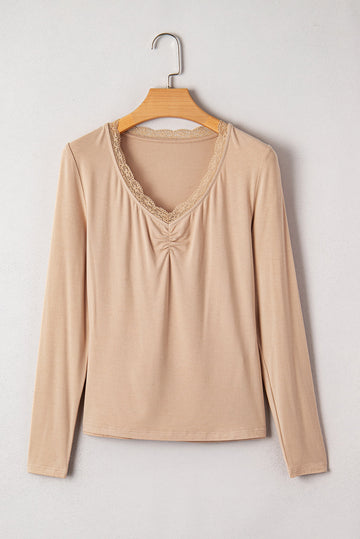 Lace-trimmed Sweetheart Neckline Ruched Detail Long Sleeve T-shirt eAura