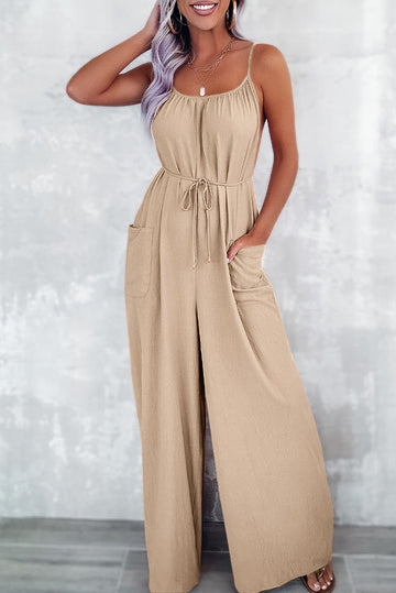 Chestnut Spaghetti Straps Waist Tie Wide Leg Jumpsuit with Pockets eAura