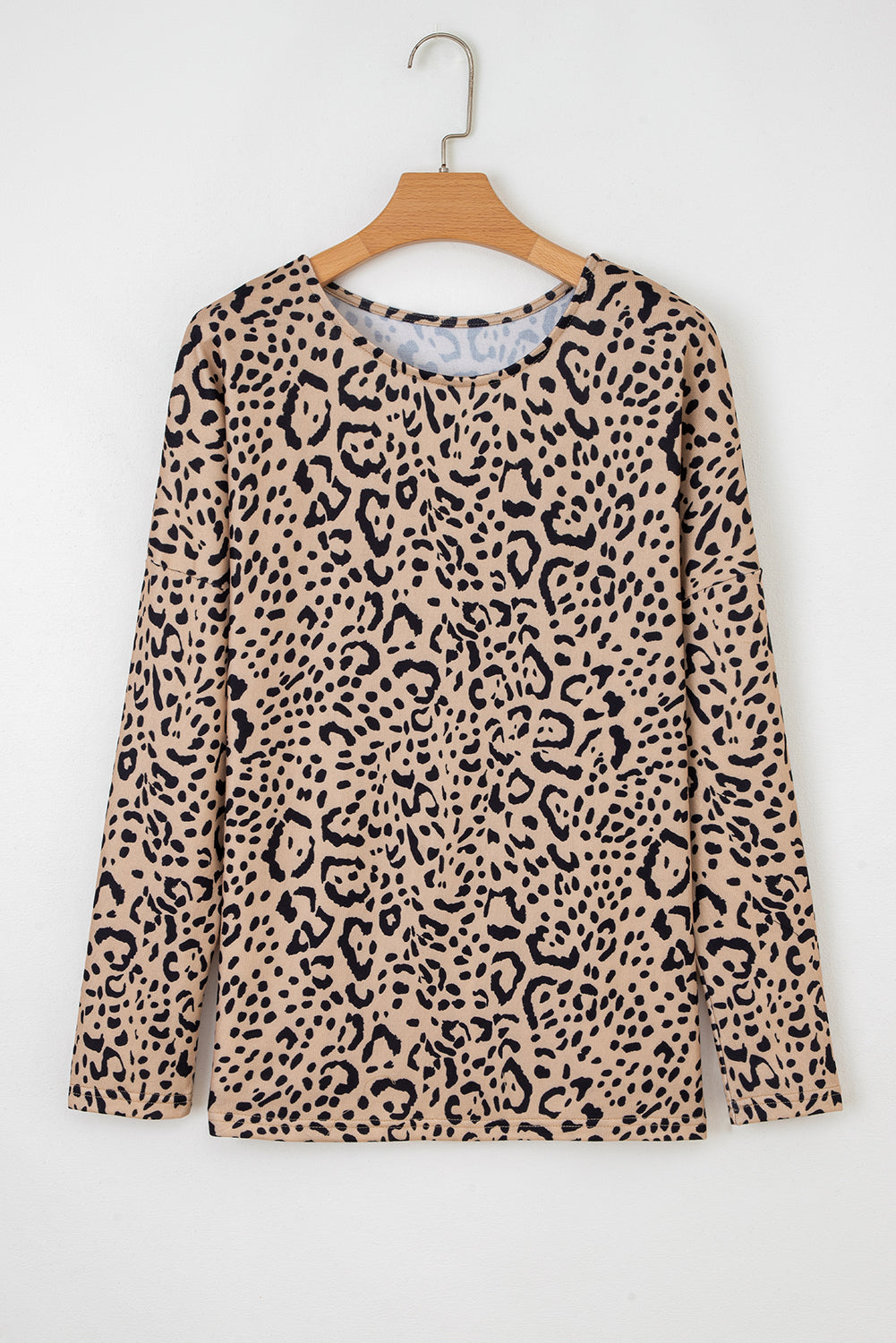 Khaki Leopard Print Long Batwing Sleeve Loose Top - eAura