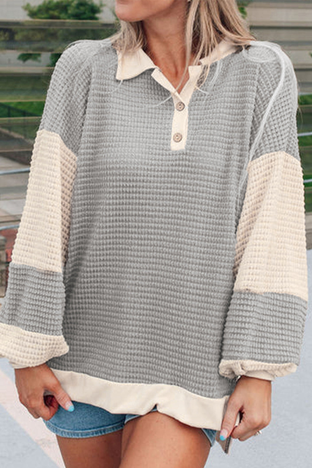 Khaki Textured Colourblock Collared Henley Top eAura