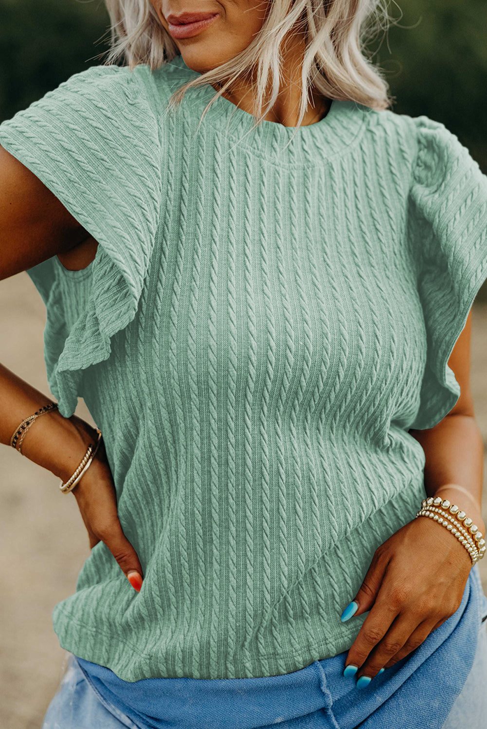 Moonlight Jade Solid Colour Textured Flutter Sleeve Top eAura