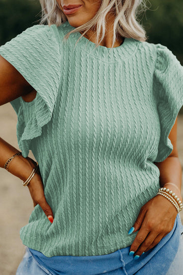 Moonlight Jade Solid Colour Textured Flutter Sleeve Top eAura