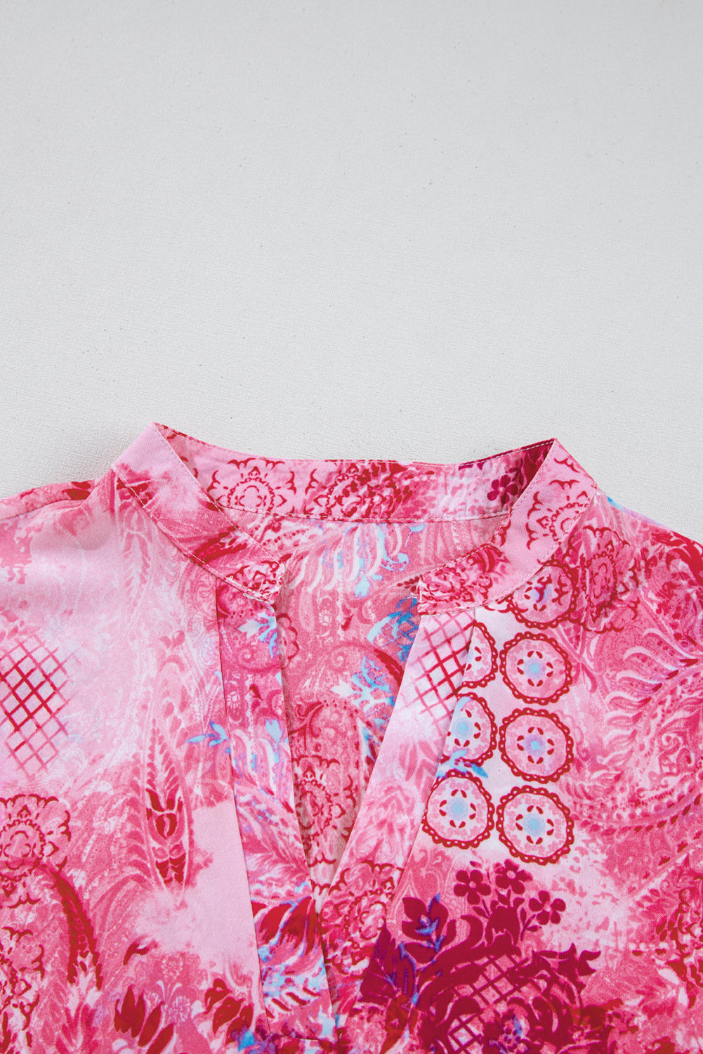 Pink Abstract Floral Print Notch V Neck Rolled Short Sleeve Blouse eAura