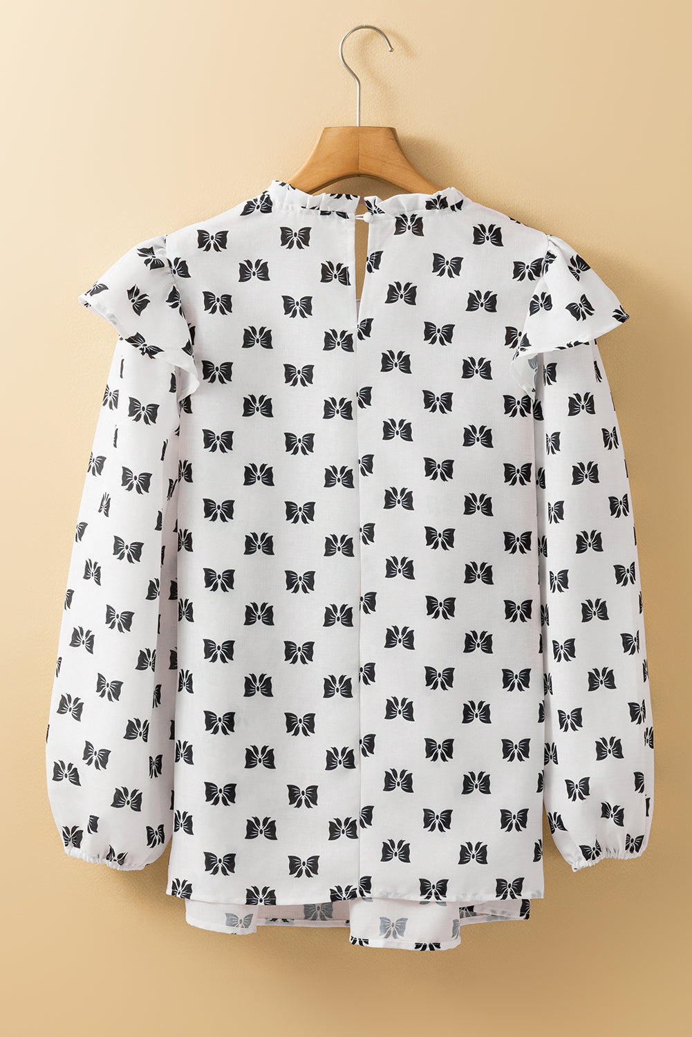 White Bow Knot Print Piping Trim Ruffled Crew Neck Blouse eAura