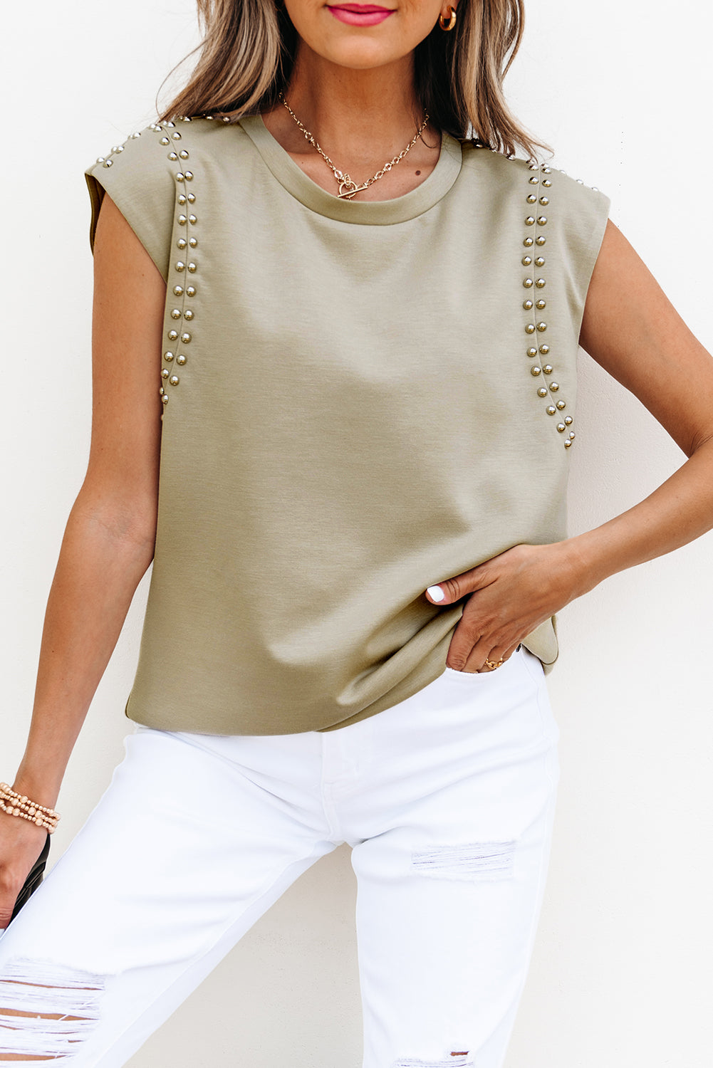 Studded Cap Sleeve Round Neck T Shirt eAura