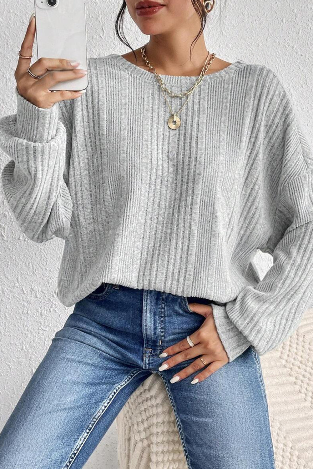 Light Grey Textured Crossover Backless Knit Long Sleeve Top eAura