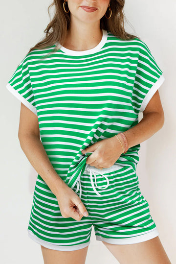Dark Green Striped Cap Sleeve Tee and Shorts Set eAura
