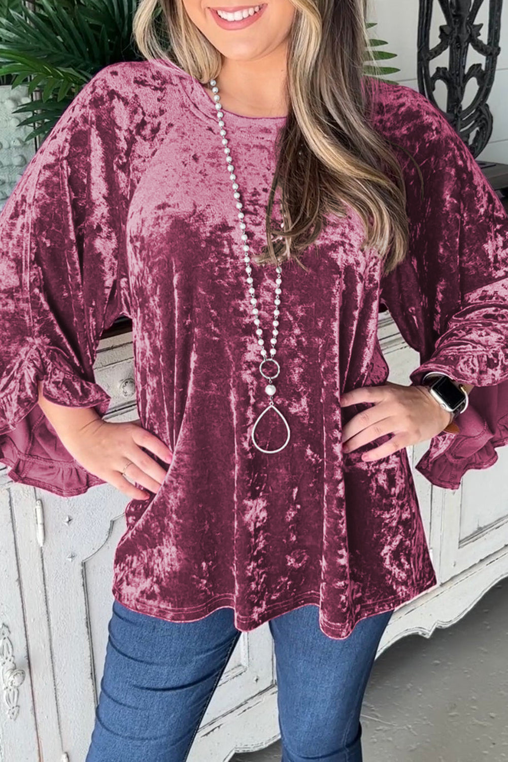 Red Dahlia Velvet Pagoda Sleeve Crew Neck Top eAura