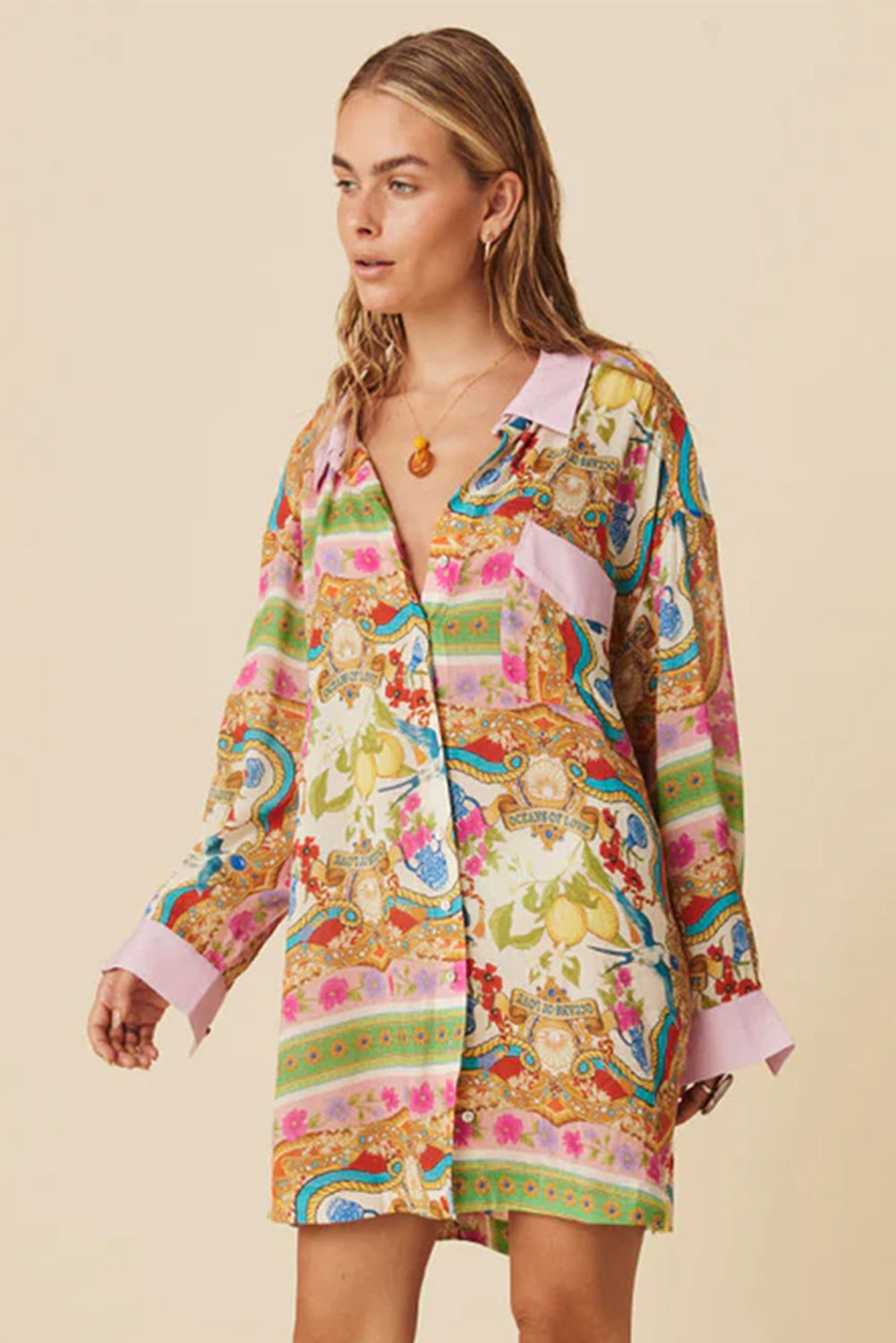 Multicolour Boho Floral Print Buttoned Long Sleeve Shirt Dress eAura