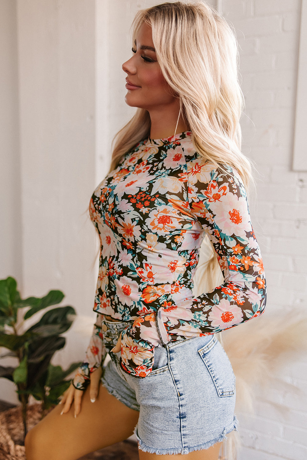 Orange Floral Mesh Slim Long Sleeve Crop Top eAura