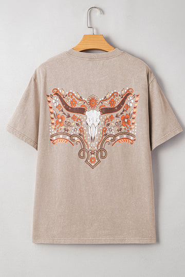 Smoke Grey Mineral Wash Floral Steer Head Printed Back Western Fashion Tee eAura