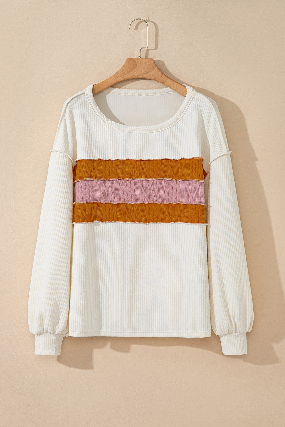 White Ribbed Exposed Seam Knit Patchwork Drop Sleeve Top eAura