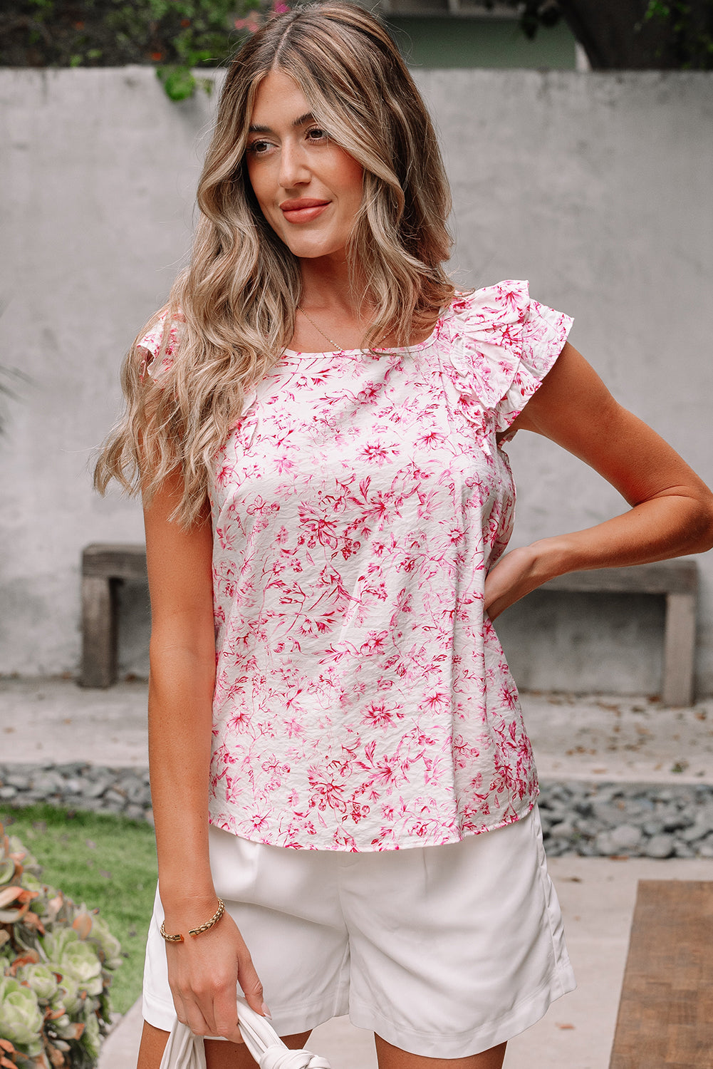 Floral Ruffled Short Sleeve Bow Back Square Neck Blouse eAura