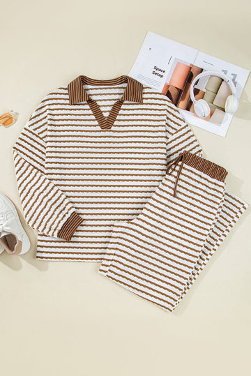 Striped Collared Pullover Top and Drawstring Trousers Co-ord Set eAura