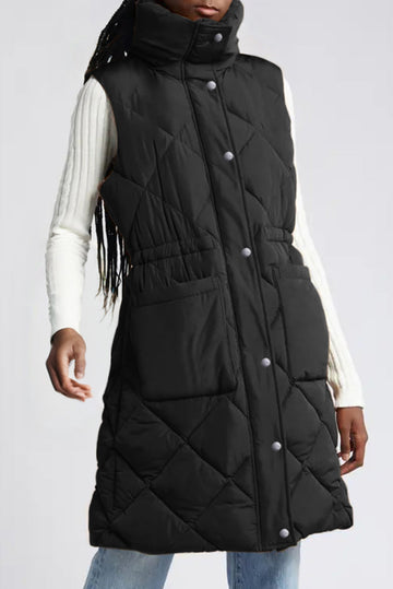 Black Longline Quilted Stand Collar Puffer Gilet Beagle Boutique Fashion Outlet