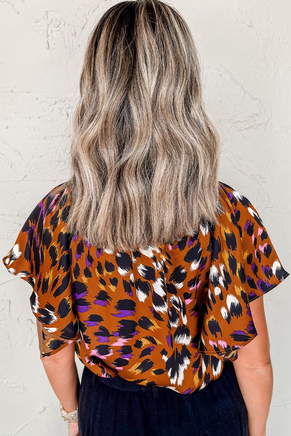 Orange Leopard Printed Draped Short Sleeve Slit V Neck Blouse eAura