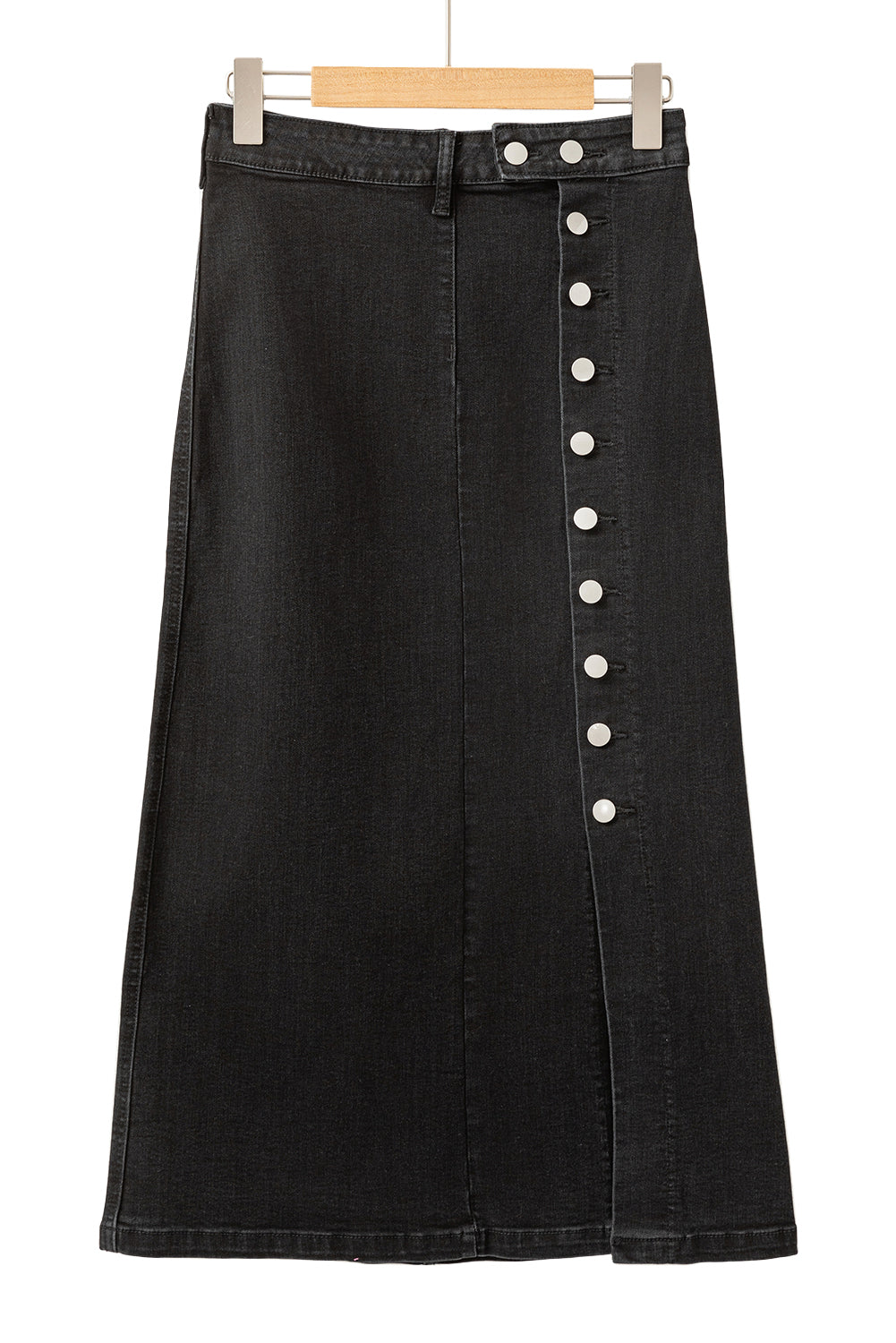 Black Button Fly Side Split High Waist Denim Midi Skirt eAura