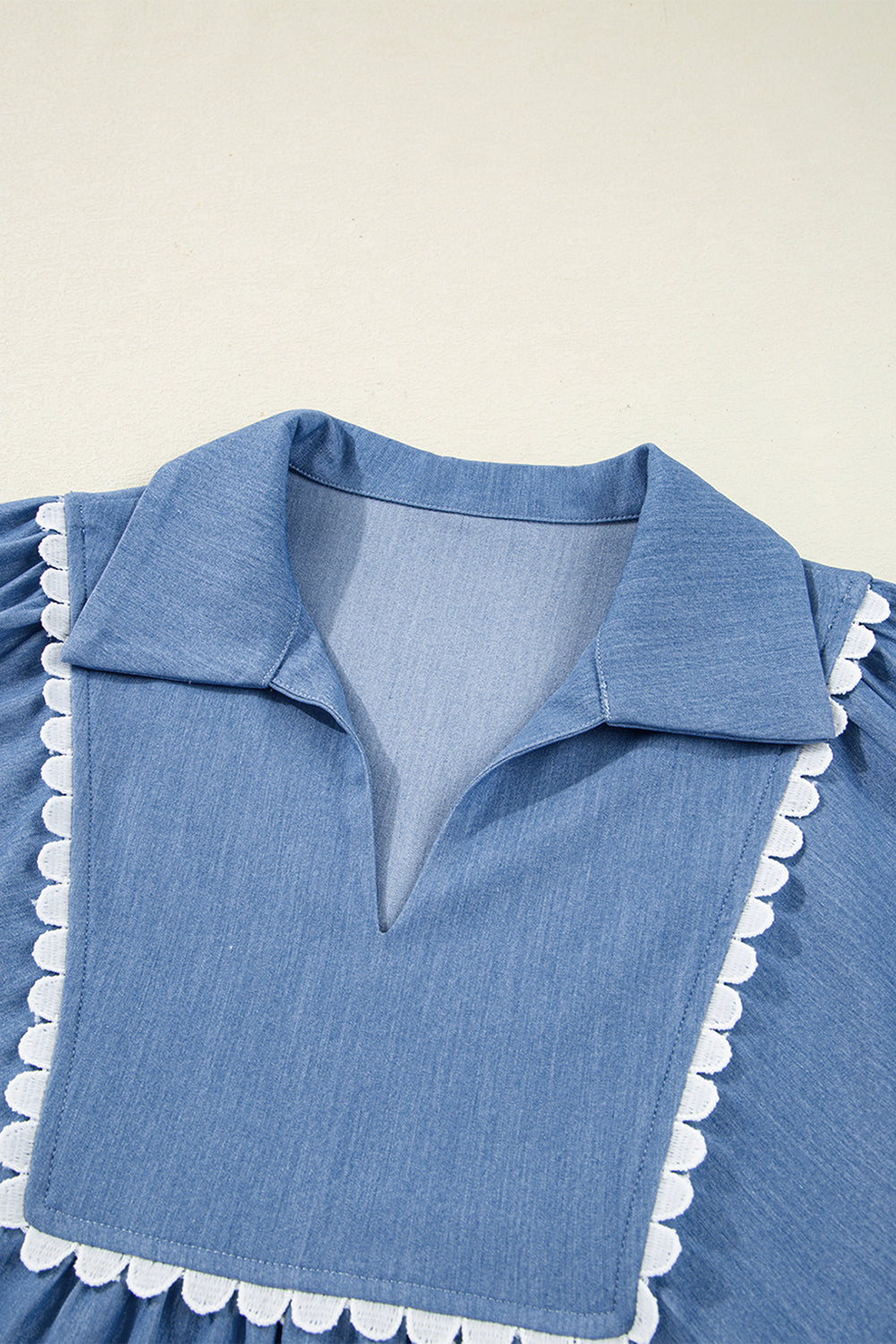 Dusk Blue Lace Ric Rac 3/4 Puff Sleeve Collared Babydoll Blouse eAura