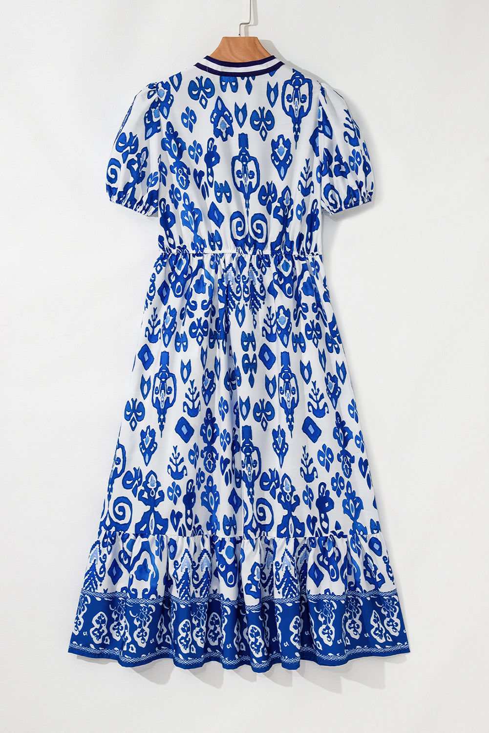 Blue Floral Puff Short Sleeve V Neck High Waist Maxi Dress eAura