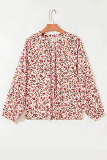 Red Floral Print Pleated Detail Notched Neck Puff Sleeve Blouse - eAura