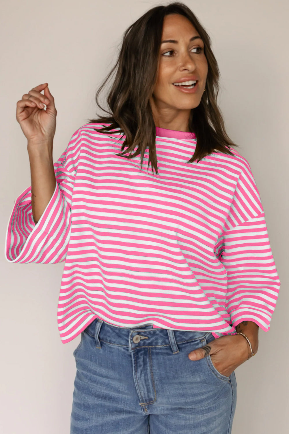 Pink Stripe Bowknot Cutout Back Drop Shoulder Wide Bracelet Sleeve Loose Tee eAura