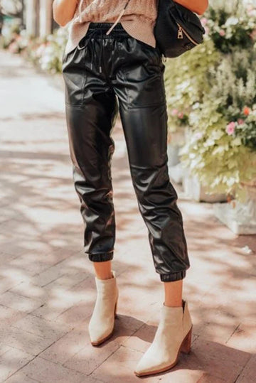 Black Faux Leather Ankle Smocked Waist Drawstring Joggers Beagle Boutique Fashion Outlet
