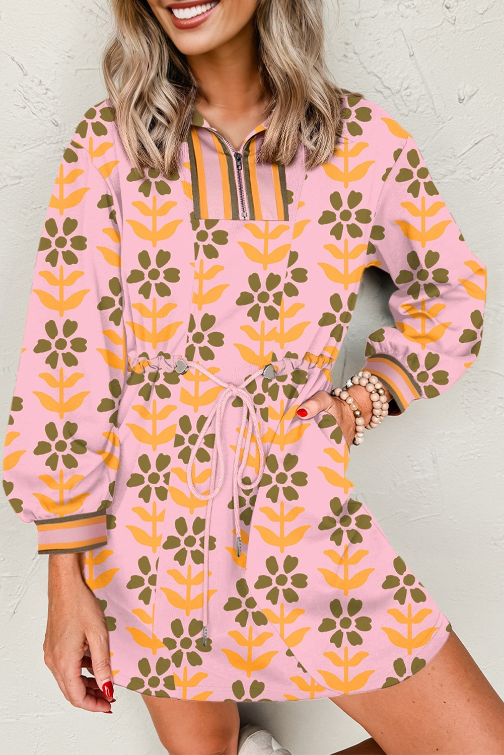 Pink Floral Print Zip Neck Striped Patchwork Long Sleeve Drawstring Dress eAura