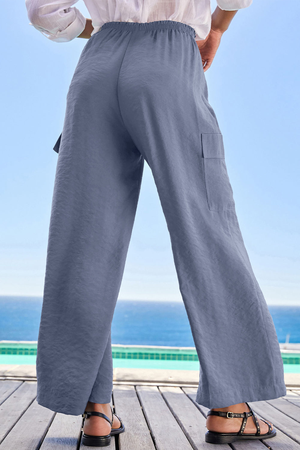 Dark Grey Drawstring Frilled Waist Wide Leg Utility Trousers eAura