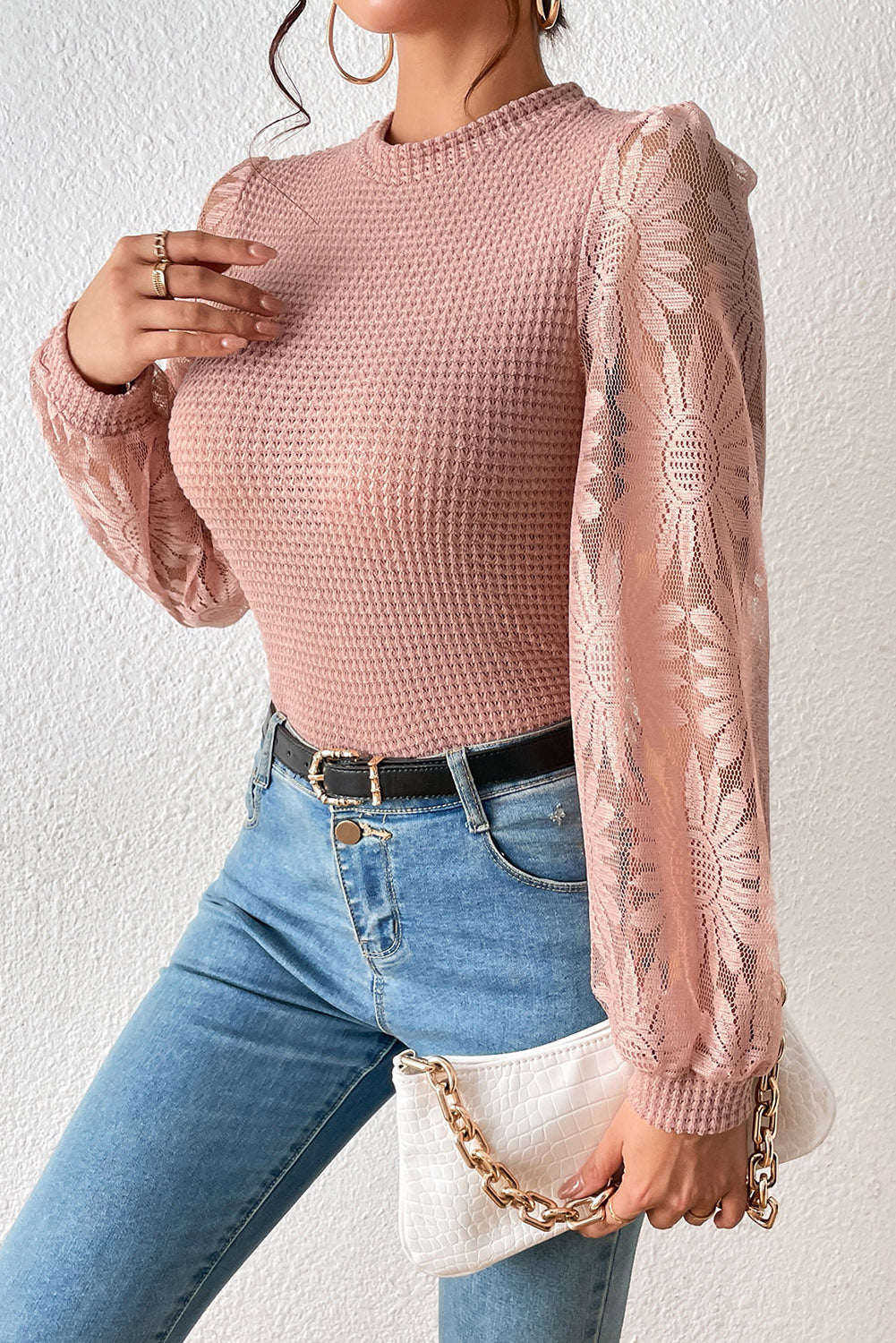 Peach Blossom Sunflower Mesh Bubble Sleeve Waffle Knit Top eAura